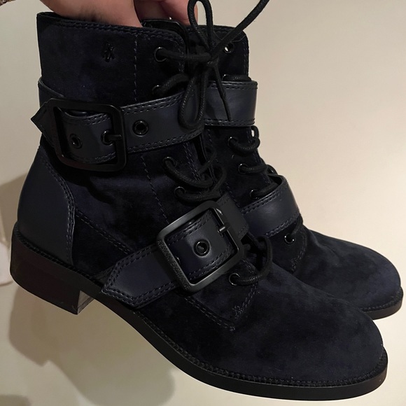 Armani Black Leather Moto Combat Boot Blue Ankle AX Oversized Buckle Zipper 7 38 - Picture 2 of 16